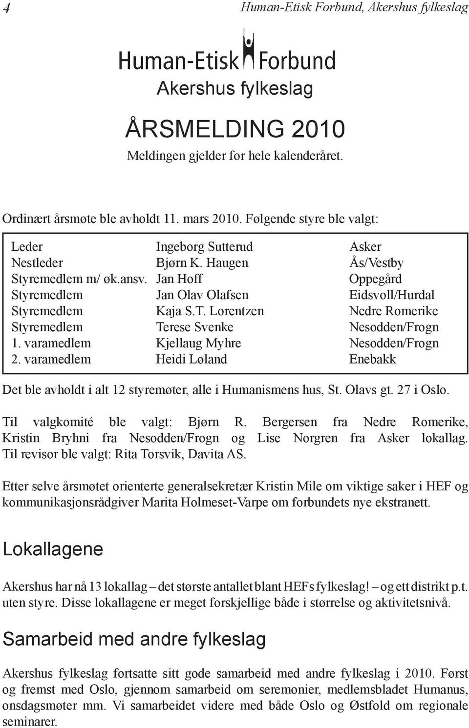 Lorentzen Nedre Romerike Styremedlem Terese Svenke Nesodden/Frogn 1. varamedlem Kjellaug Myhre Nesodden/Frogn 2.