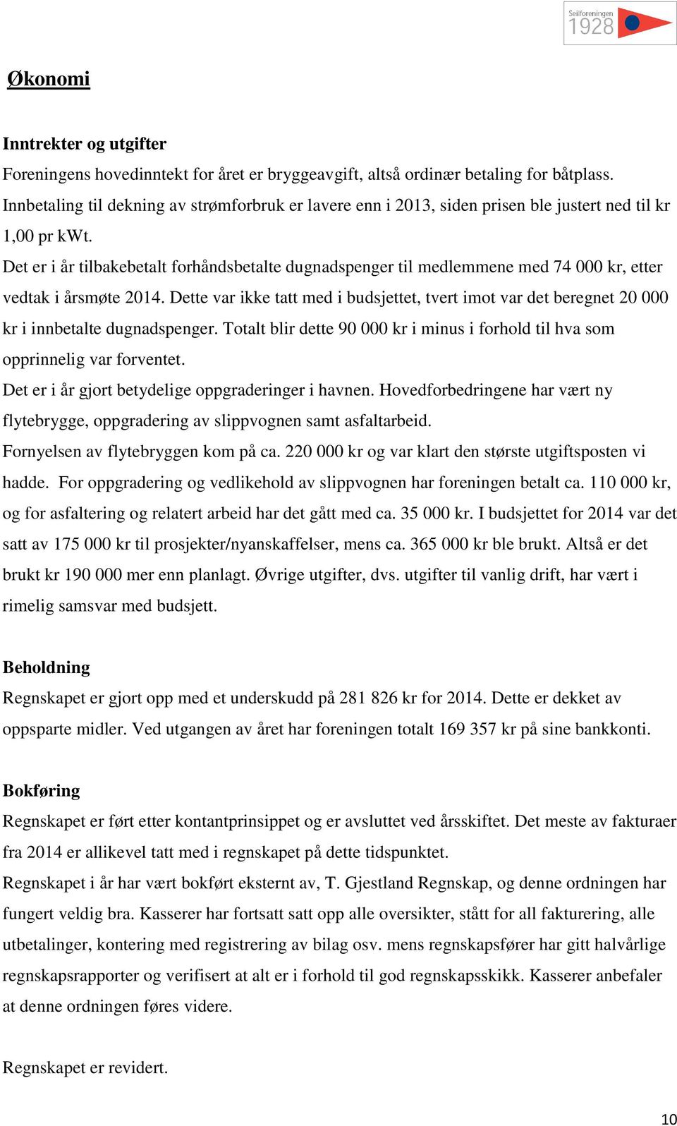 Det er i år tilbakebetalt frhåndsbetalte dugnadspenger til medlemmene med 74 000 kr, etter vedtak i årsmøte 2014.