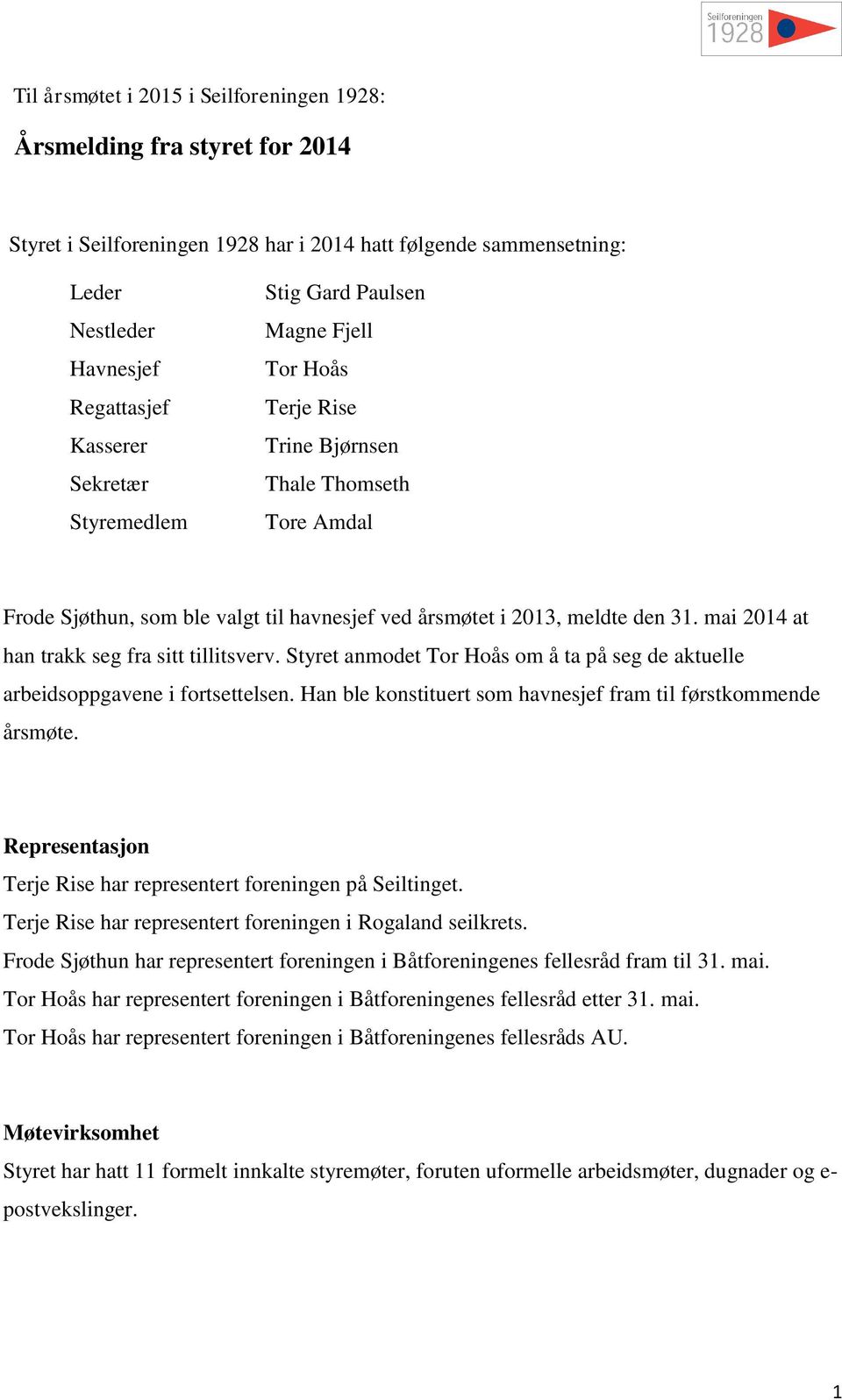 mai 2014 at han trakk seg fra sitt tillitsverv. Styret anmdet Tr Hås m å ta på seg de aktuelle arbeidsppgavene i frtsettelsen. Han ble knstituert sm havnesjef fram til førstkmmende årsmøte.