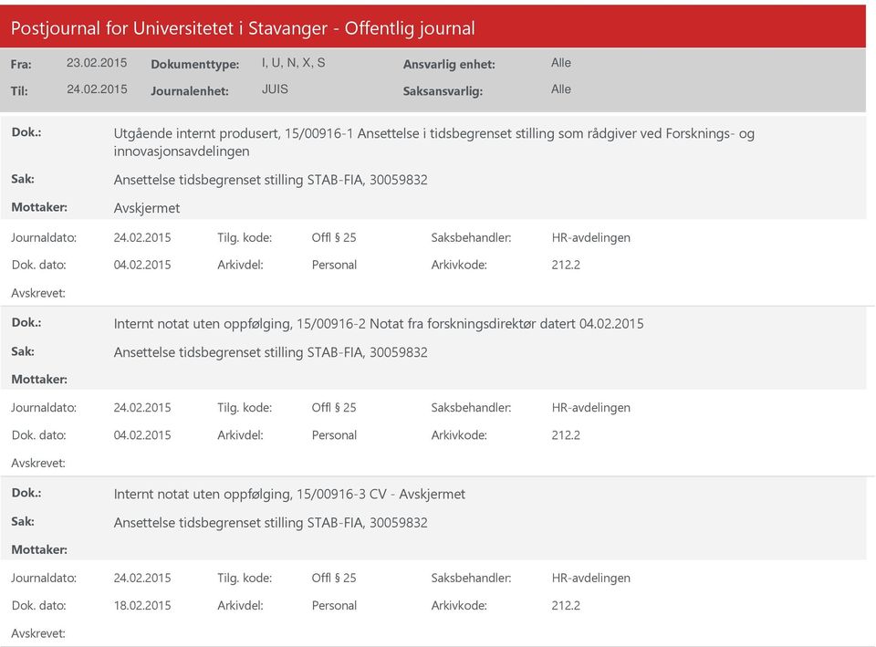 2015 Arkivdel: Personal Internt notat uten oppfølging, 15/00916-2 Notat fra forskningsdirektør datert 04.02.