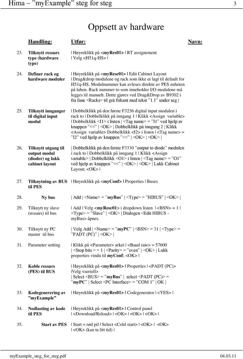 Tilknytning av BUS til PES Høyreklikk på <myres01> RT assignement Velg <H51q-HS> Høyreklikk på <myresc01> Edit Cabinet Layout Drag&drop modulene og rack som ikke er lagt til default for H51q-HS.