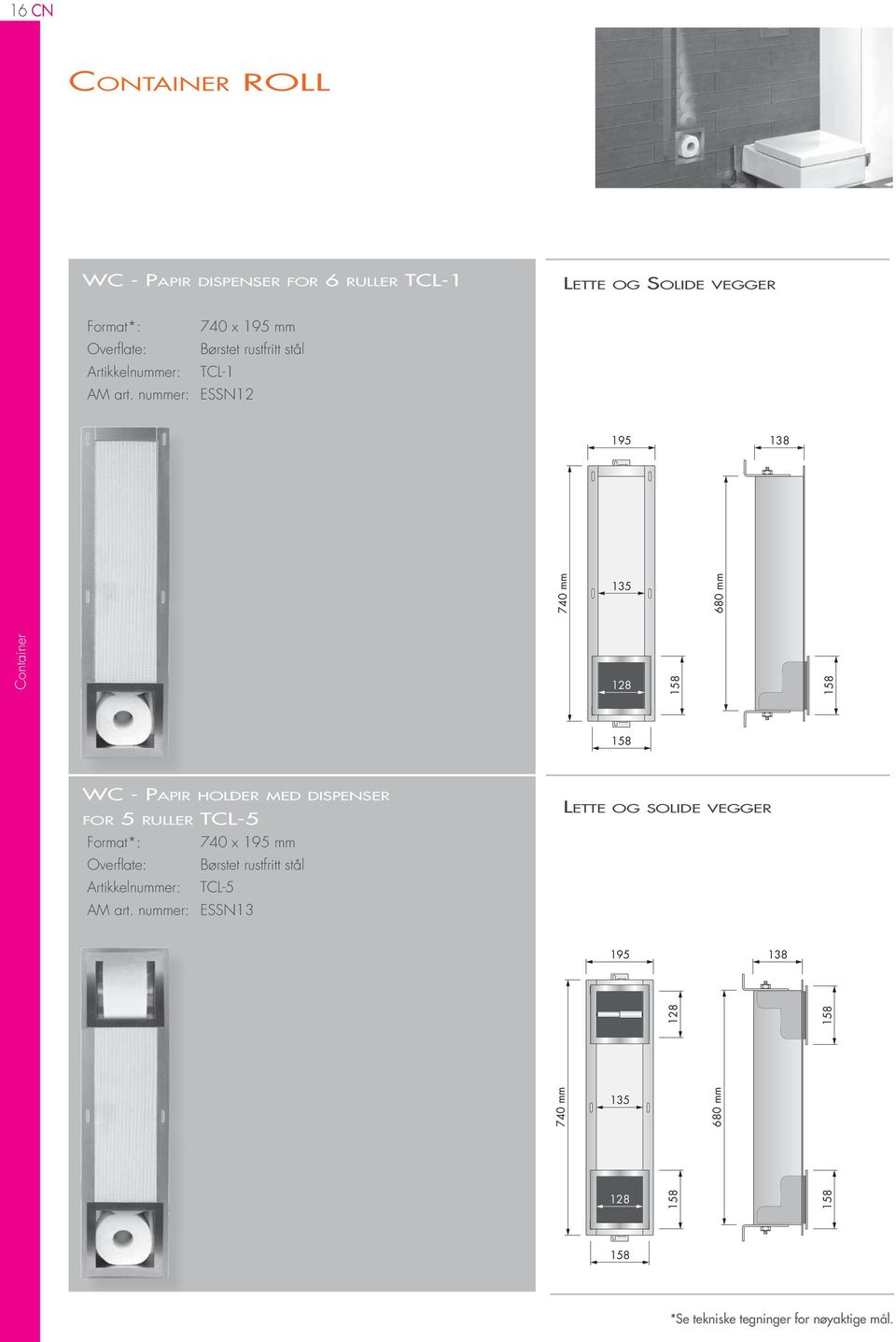 nummer: ESSN12 195 18 740 mm 15 680 mm 128 WC - Papir holder med dispenser for 5 ruller