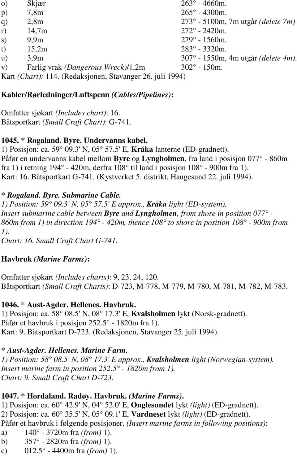 Båtsportkart (Small Craft Chart): G-741. 1045. * Rogaland. Byre. Undervanns kabel. 1) Posisjon: ca. 59 09.3' N, 05 57.5' E, Kråka lanterne (ED-gradnett).