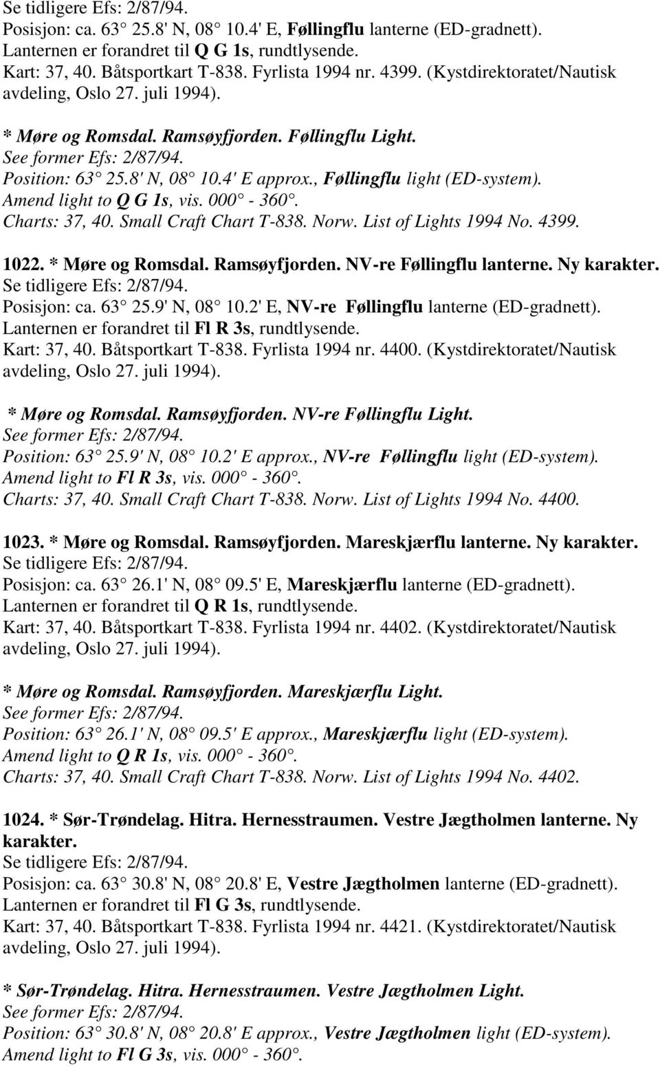 , Føllingflu light (ED-system). Amend light to Q G 1s, vis. 000-360. Charts: 37, 40. Small Craft Chart T-838. Norw. List of Lights 1994 No. 4399. 1022. * Møre og Romsdal. Ramsøyfjorden.