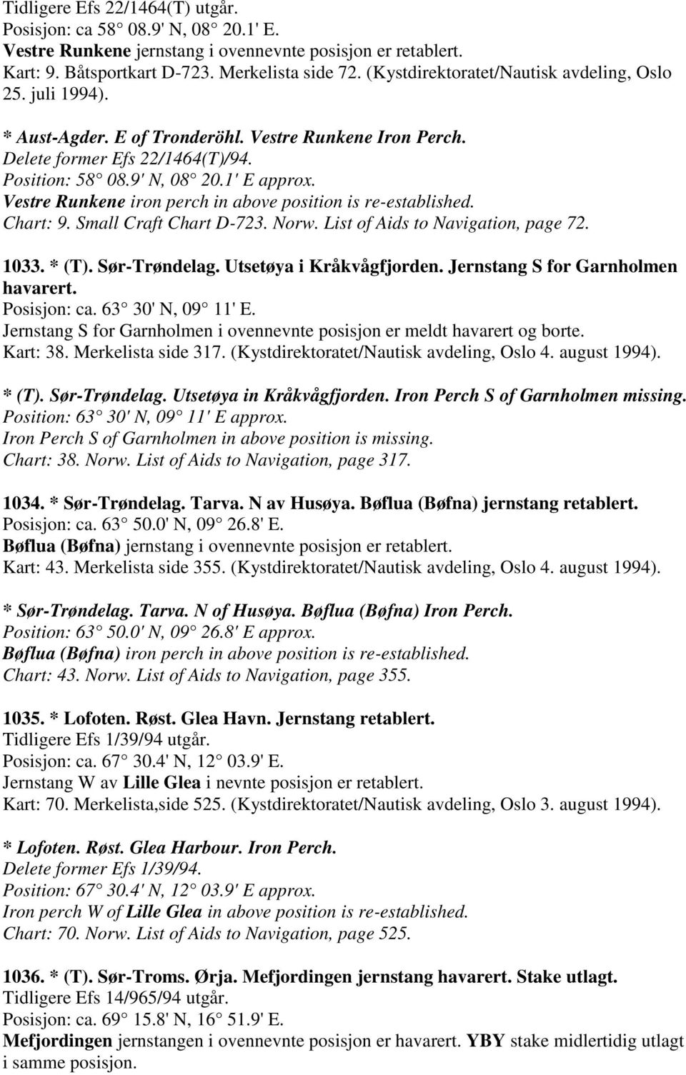 Vestre Runkene iron perch in above position is re-established. Chart: 9. Small Craft Chart D-723. Norw. List of Aids to Navigation, page 72. 1033. * (T). Sør-Trøndelag. Utsetøya i Kråkvågfjorden.