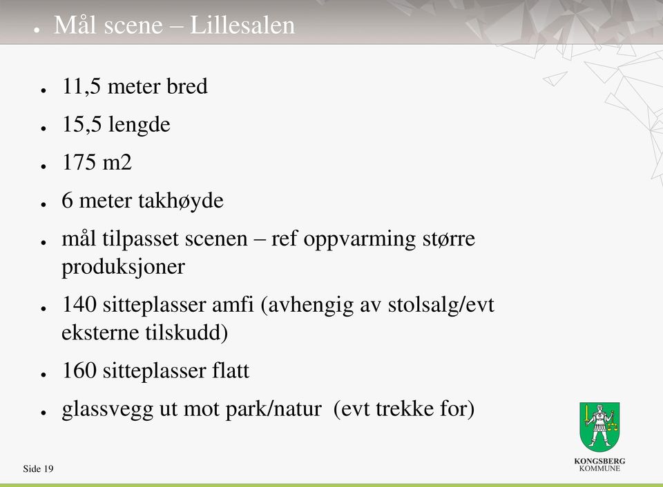 140 sitteplasser amfi (avhengig av stolsalg/evt eksterne tilskudd)