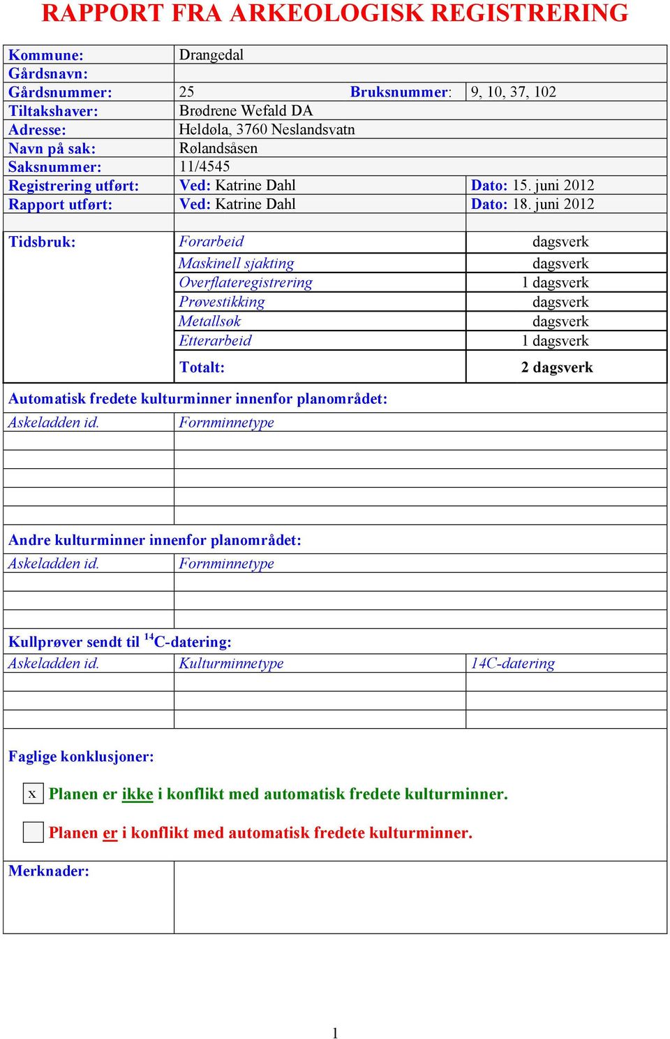 juni 2012 Tidsbruk: Forarbeid dagsverk Maskinell sjakting dagsverk Overflateregistrering 1 dagsverk Prøvestikking dagsverk Metallsøk dagsverk Etterarbeid 1 dagsverk Totalt: Automatisk fredete