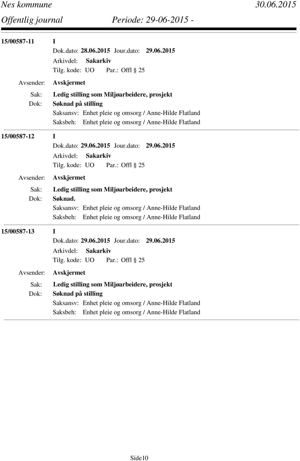 2015 O Offl 25 Ledig stilling som Miljøarbeidere, prosjekt Søknad på stilling Saksansv: Enhet pleie og omsorg / Anne-Hilde Flatland Saksbeh: Enhet pleie