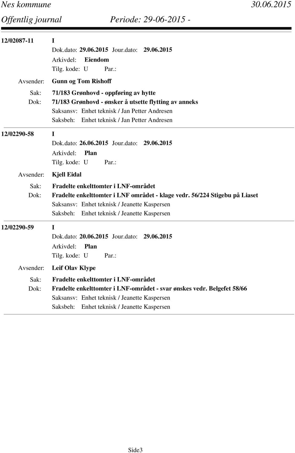 2015 Jour.dato: 29.06.2015 Kjell Eidal Fradelte enkelttomter i LNF-området Fradelte enkelttomter i LNF området - klage vedr.