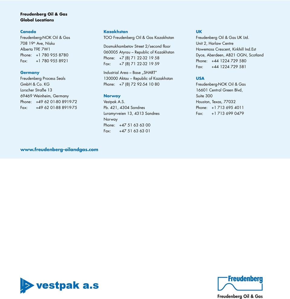 Republic of Kazakhstan Phone: +7 (8) 71 22-32 19 58 Fax: +7 (8) 71 22-32 19 59 Industrial Area Base SHART 130000 Aktau Republic of Kazakhstan Phone: +7 (8) 72 92-54 10 80 Norway Vestpak A.S. Pb.