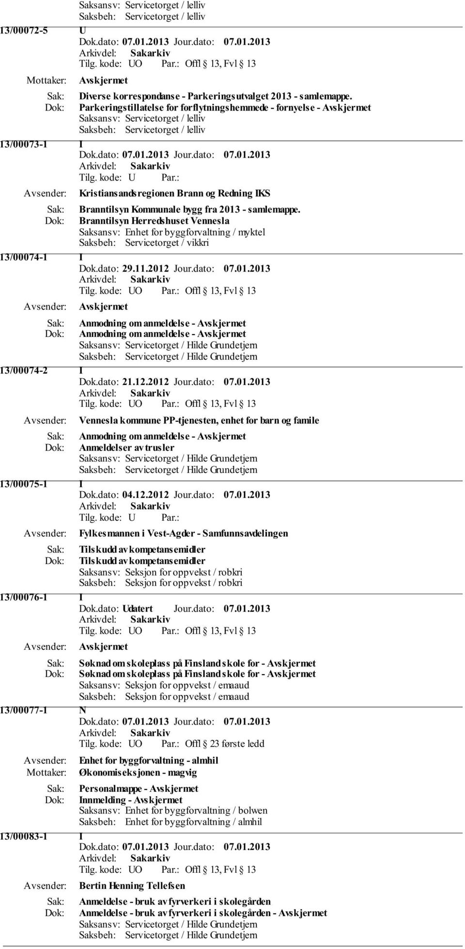 kode: U Kristiansandsregionen Brann og Redning IKS Branntilsyn Kommunale bygg fra 2013 - samlemappe.