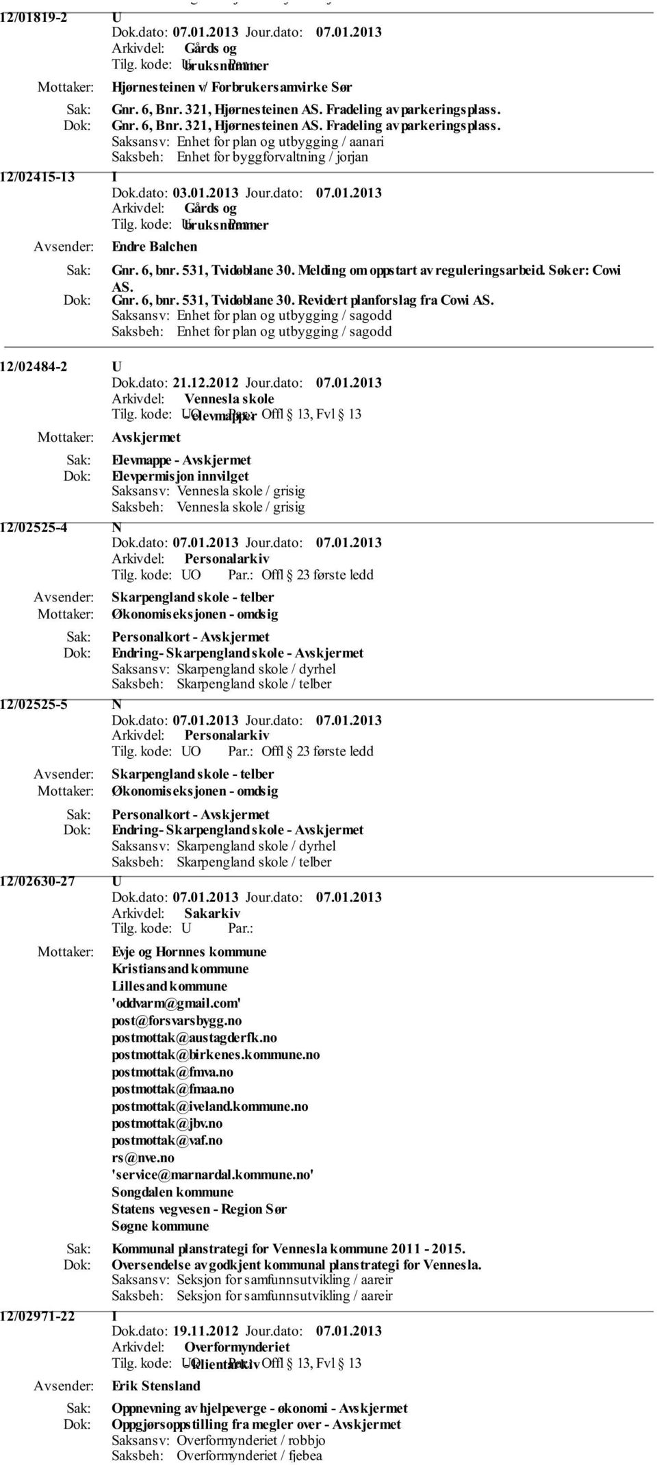 dato: 07.01.2013 Endre Balchen Gnr. 6, bnr. 531, Tvidøblane 30. Melding om oppstart av reguleringsarbeid. Søker: Cowi AS. Gnr. 6, bnr. 531, Tvidøblane 30. Revidert planforslag fra Cowi AS.