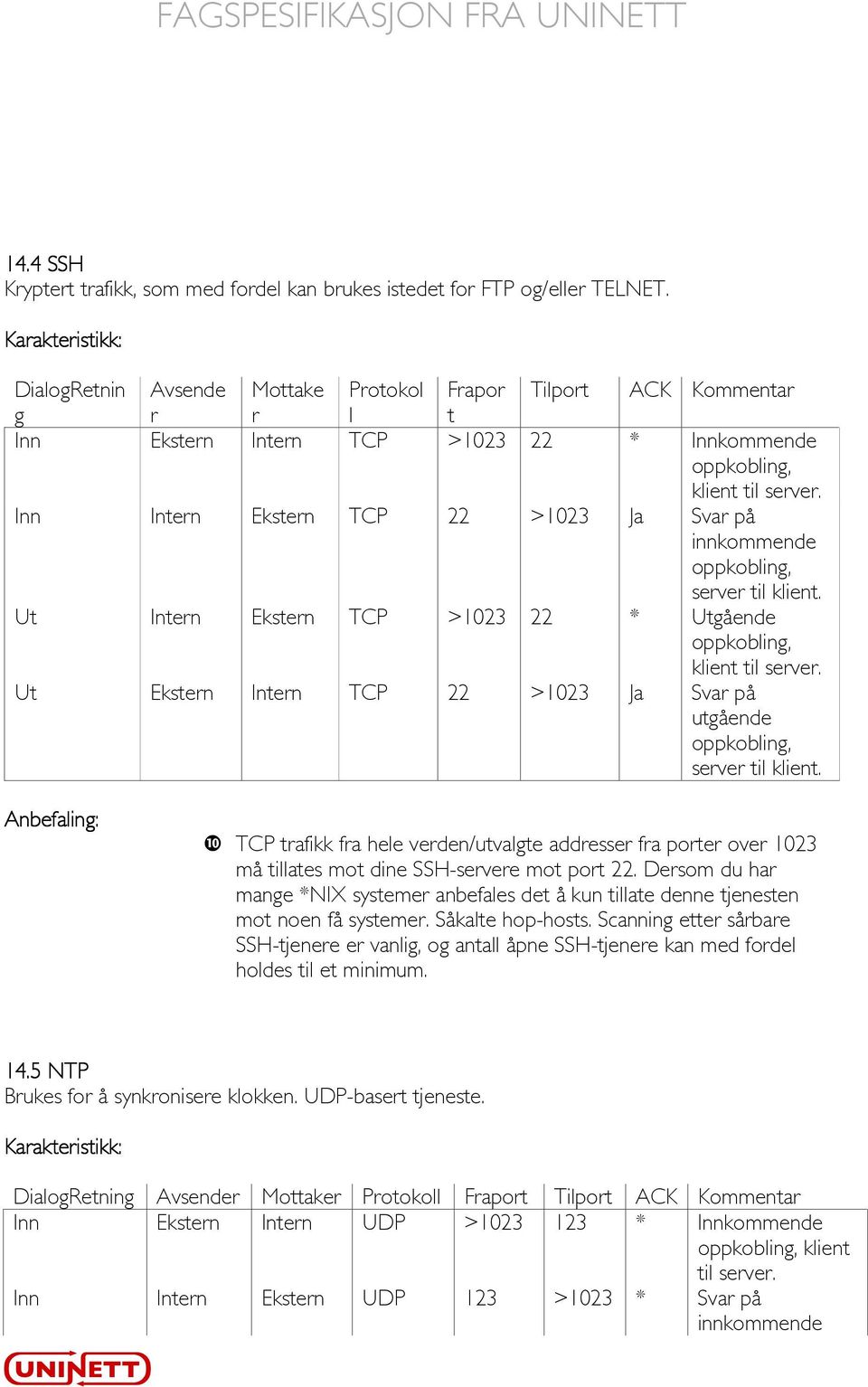 Intern Ekstern TCP >1023 22 * Utgående Ut Ekstern Intern TCP 22 >1023 Ja Svar på utgående TCP trafikk fra hele verden/utvalgte addresser fra porter over 1023 må tillates mot dine SSH-servere mot port