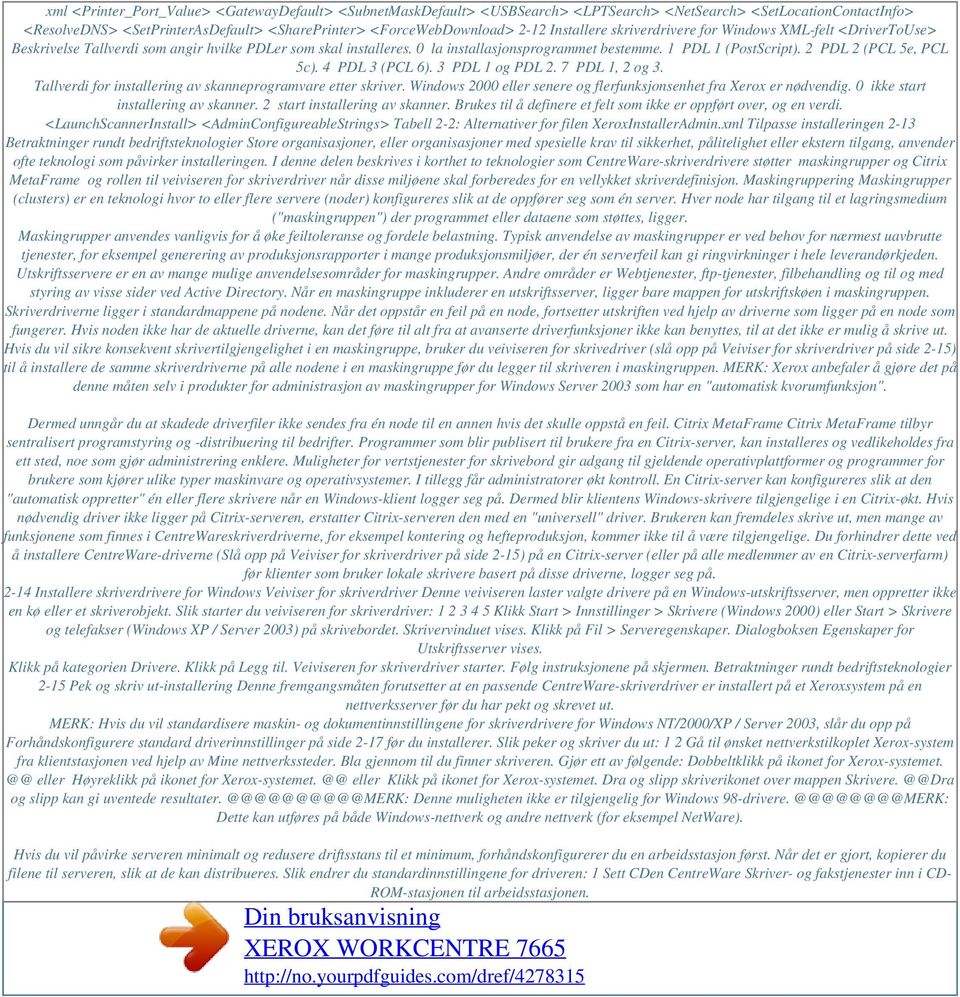 2 PDL 2 (PCL 5e, PCL 5c). 4 PDL 3 (PCL 6). 3 PDL 1 og PDL 2. 7 PDL 1, 2 og 3. Tallverdi for installering av skanneprogramvare etter skriver.