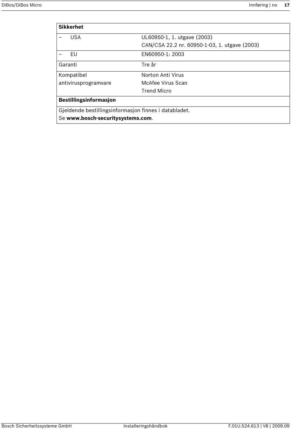 utgave (2003) EU EN60950-1: 2003 Garanti Kompatibel antivirusprogramvare Bestillingsinformasjon Tre år