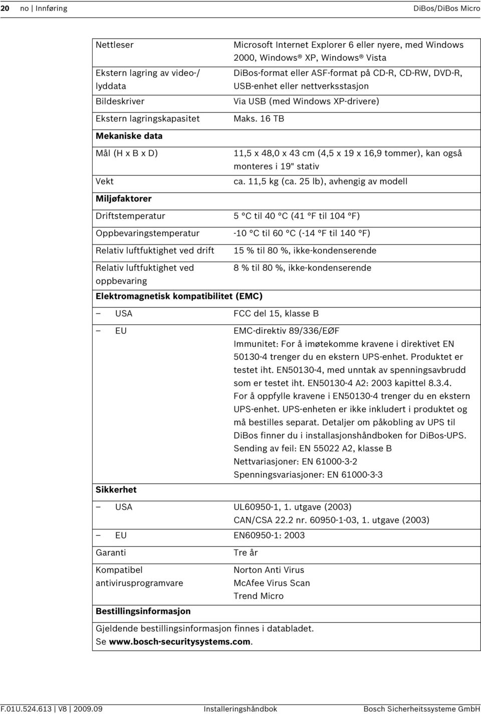 16 TB Mekaniske data Mål (H x B x D) Vekt 11,5 x 48,0 x 43 cm (4,5 x 19 x 16,9 tommer), kan også monteres i 19" stativ ca. 11,5 kg (ca.