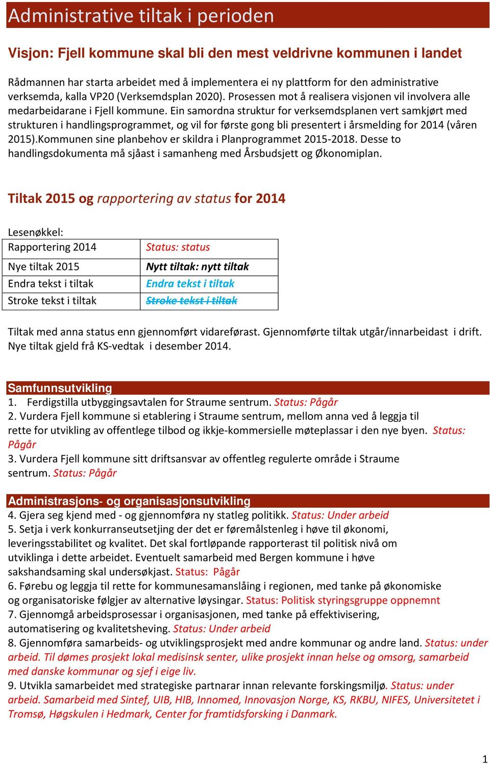 Ein samordna struktur for verksemdsplanen vert samkjørt med strukturen i handlingsprogrammet, og vil for første gong bli presentert i årsmelding for 2014 (våren 2015).