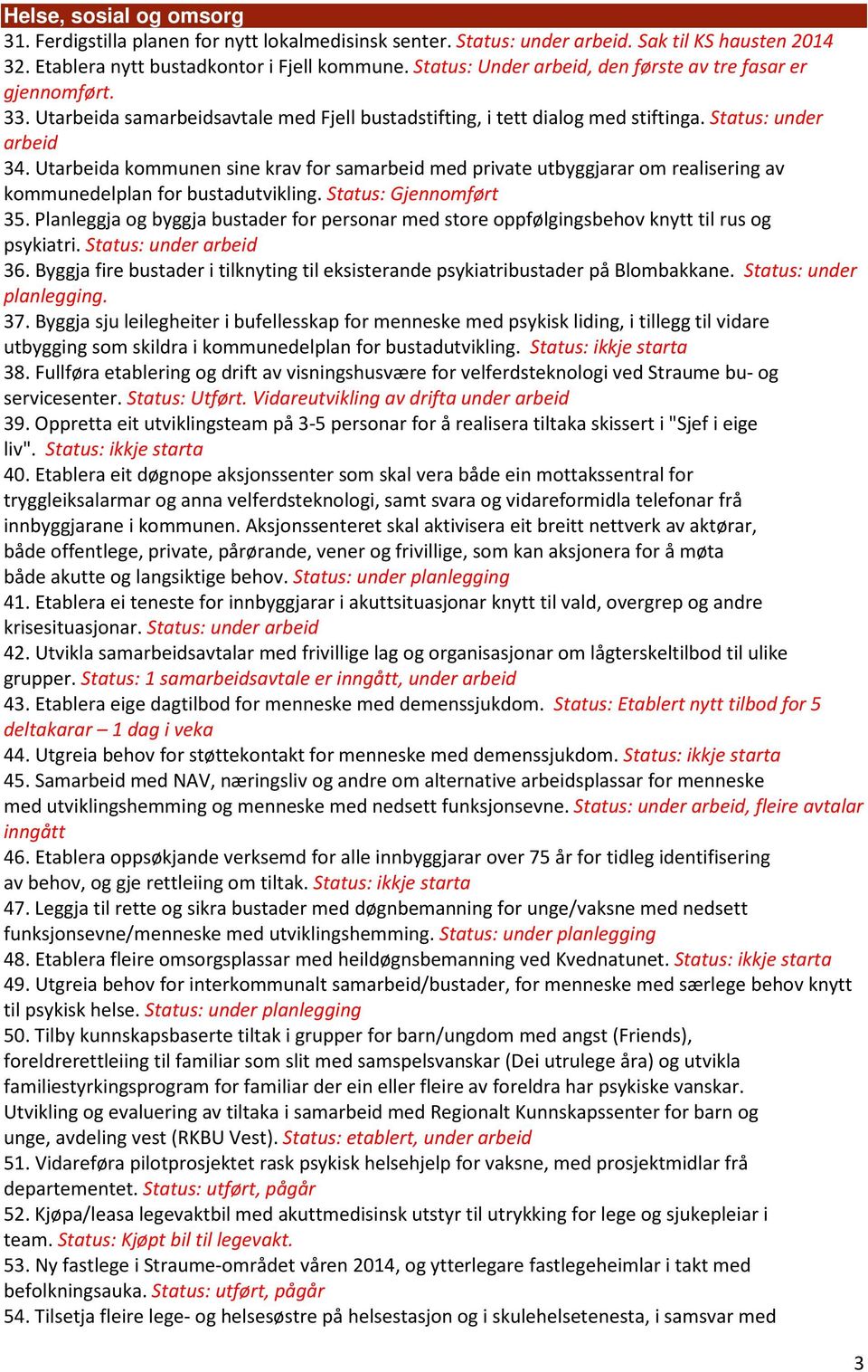 Utarbeida kommunen sine krav for samarbeid med private utbyggjarar om realisering av kommunedelplan for bustadutvikling. Status: Gjennomført 35.