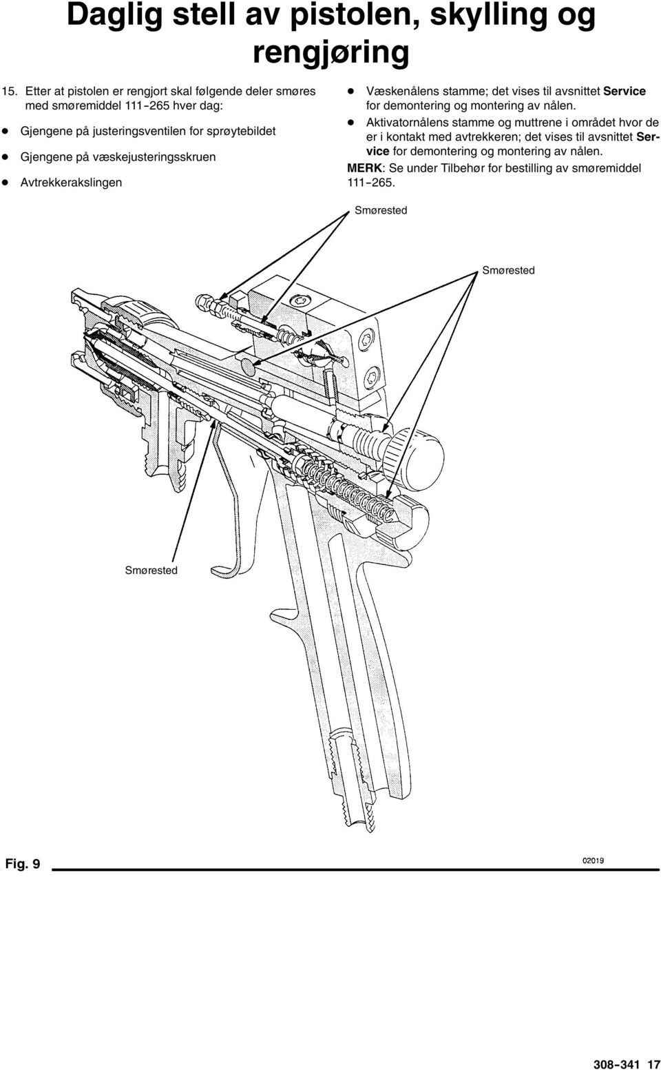 Gjengene på væskejusteringsskruen Avtrekkerakslingen Væskenålens stamme; det vises til avsnittet Service for demontering og montering av nålen.