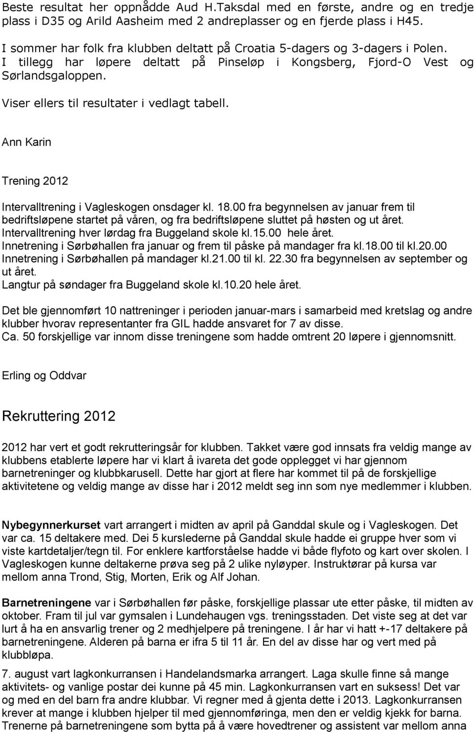 Viser ellers til resultater i vedlagt tabell. Ann Karin Trening 2012 Intervalltrening i Vagleskogen onsdager kl. 18.