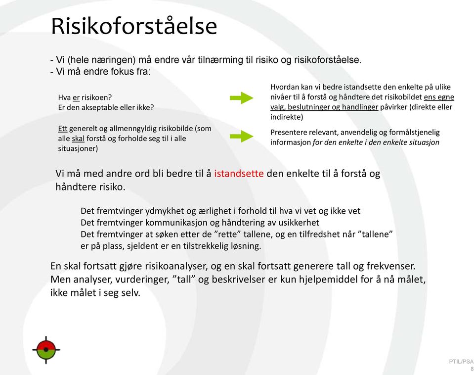 risikobildet ens egne valg, beslutninger og handlinger påvirker (direkte eller indirekte) Presentere relevant, anvendelig og formålstjenelig informasjon for den enkelte i den enkelte situasjon Vi må