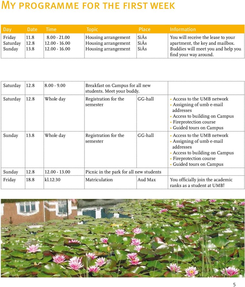 Buddies will meet you and help you find your way around. Saturday 12.8 8.00-9.00 Breakfast on Campus for all new students. Meet your buddy. Saturday 12.8 Whole day Registration for the semester Sunday 13.