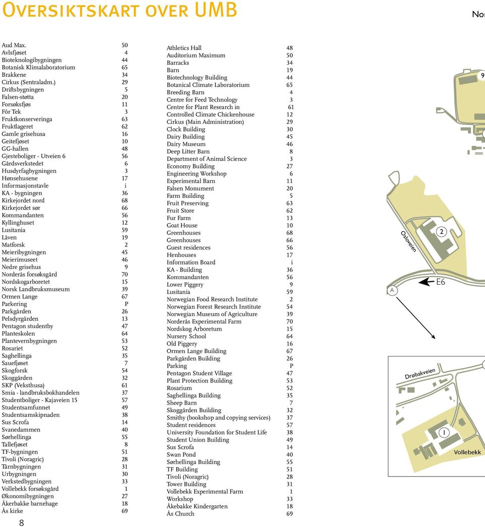 Husdyrfagbygningen 3 Hønsehusene 17 Informasjonstavle i KA - bygningen 36 Kirkejordet nord 68 Kirkejordet sør 66 Kommandanten 56 Kyllinghuset 12 Lusitania 59 Låven 19 Matforsk 2 Meieribygningen 45