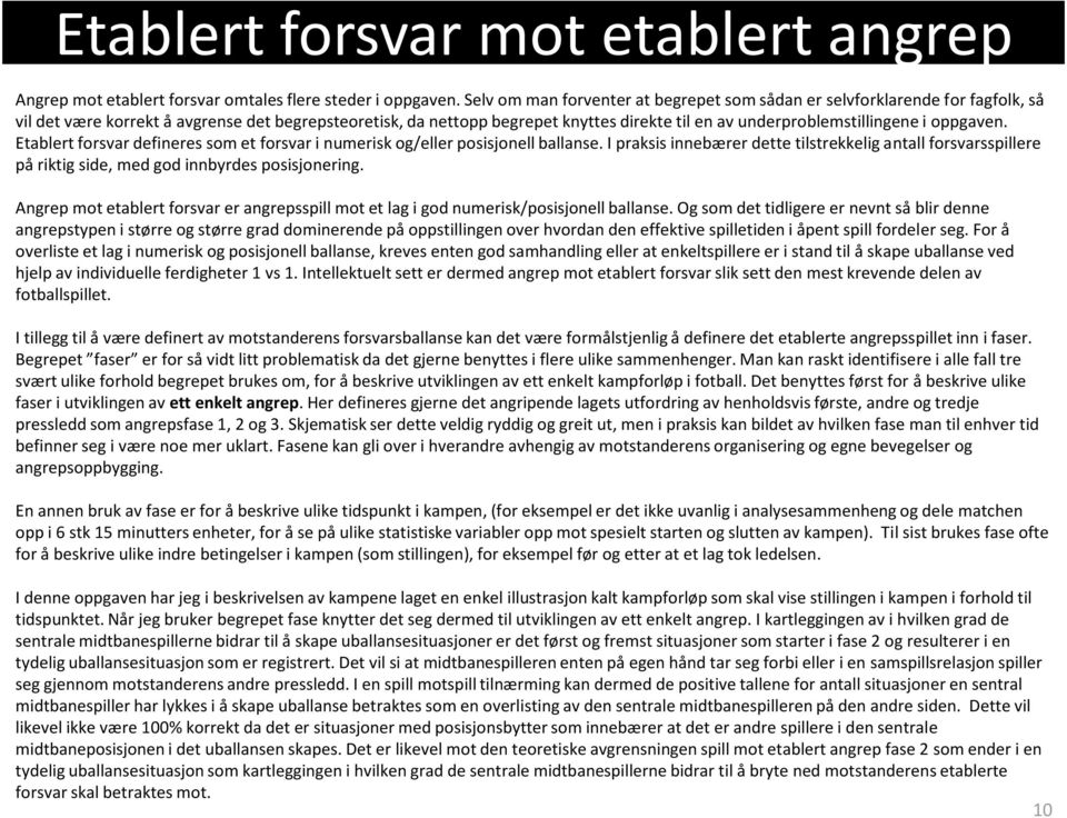 underproblemstillingene i oppgaven. Etablert forsvar defineres som et forsvar i numerisk og/eller posisjonell ballanse.