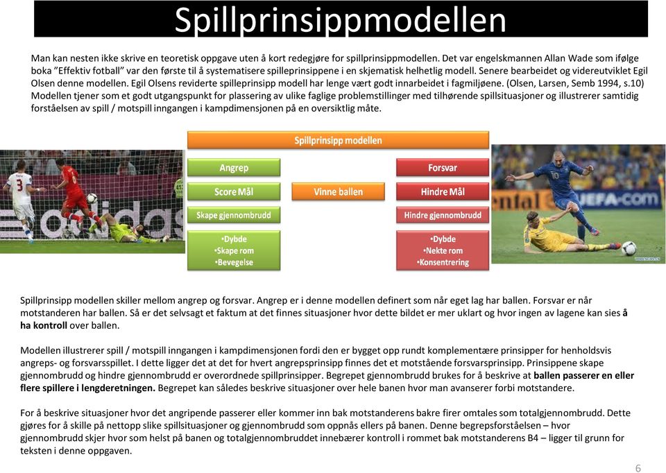 Senere bearbeidet og videreutviklet Egil Olsen denne modellen. Egil Olsens reviderte spilleprinsipp modell har lenge vært godt innarbeidet i fagmiljøene. (Olsen, Larsen, Semb 1994, s.