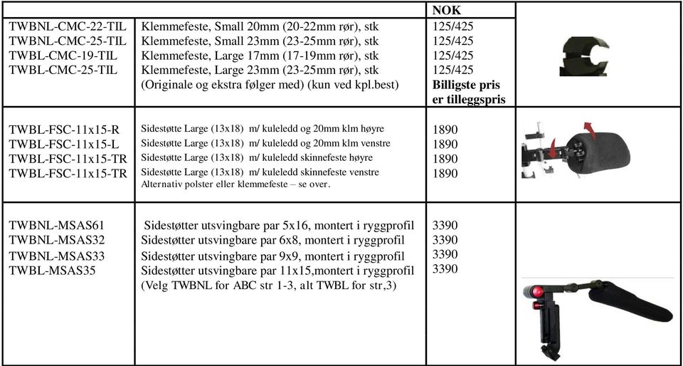 best) 125/425 Billigste pris er tilleggspris TWBL-FSC-11x15-R TWBL-FSC-11x15-L TWBL-FSC-11x15-TR TWBL-FSC-11x15-TR Sidestøtte Large (13x18) m/ kuleledd og 20mm klm høyre Sidestøtte Large (13x18) m/