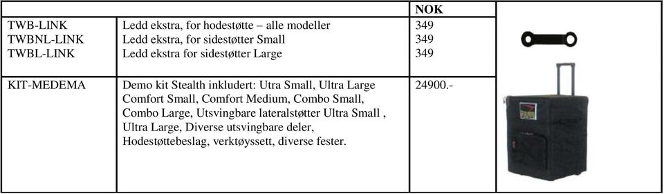Small, Ultra Large Comfort Small, Comfort Medium, Combo Small, Combo Large, Utsvingbare