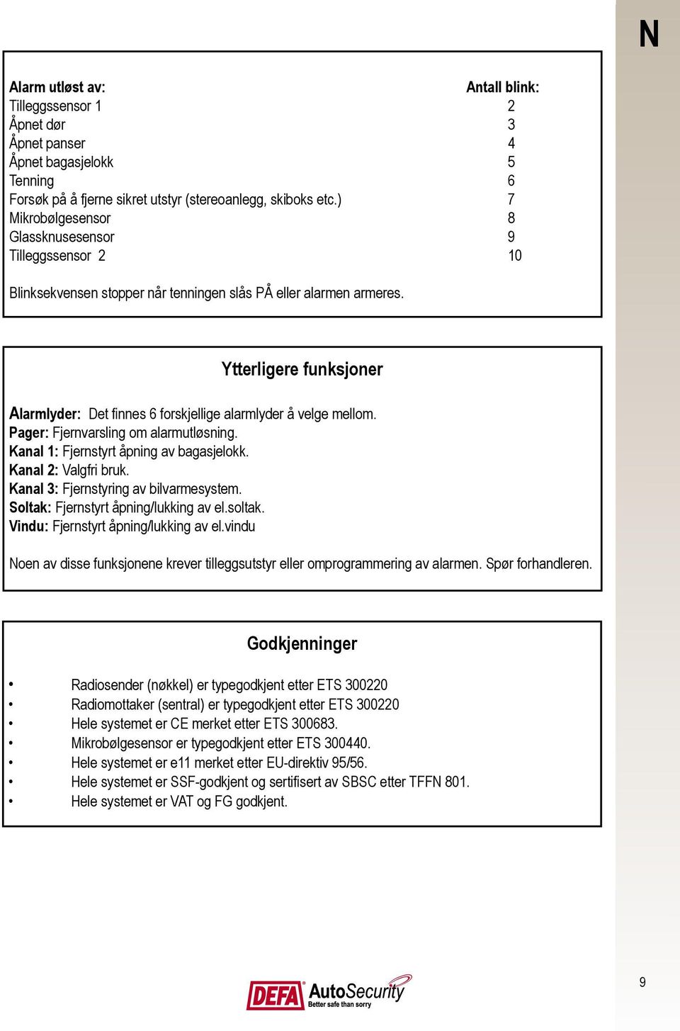 Ytterligere funksjoner Alarmlyder: Det finnes 6 forskjellige alarmlyder å velge mellom. Pager: Fjernvarsling om alarmutløsning. Kanal 1: Fjernstyrt åpning av bagasjelokk. Kanal 2: Valgfri bruk.