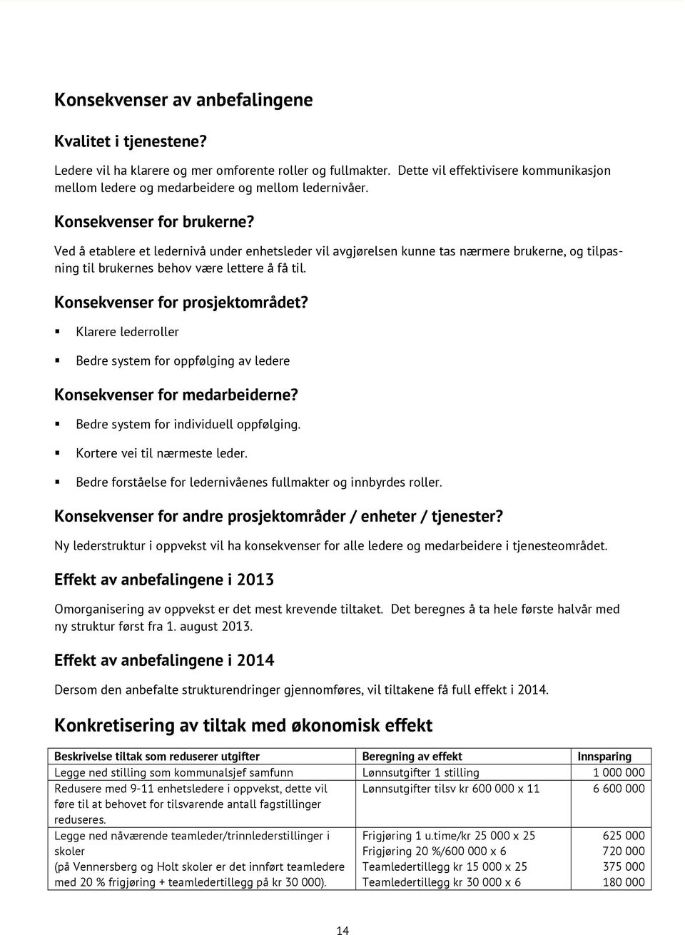 Ved å etablere et ledernivå under enhetsleder vil avgjørelsen kunne tas nærmere brukerne, og tilpasning til brukernes behov være lettere å få til. Konsekvenser for prosjektområdet?