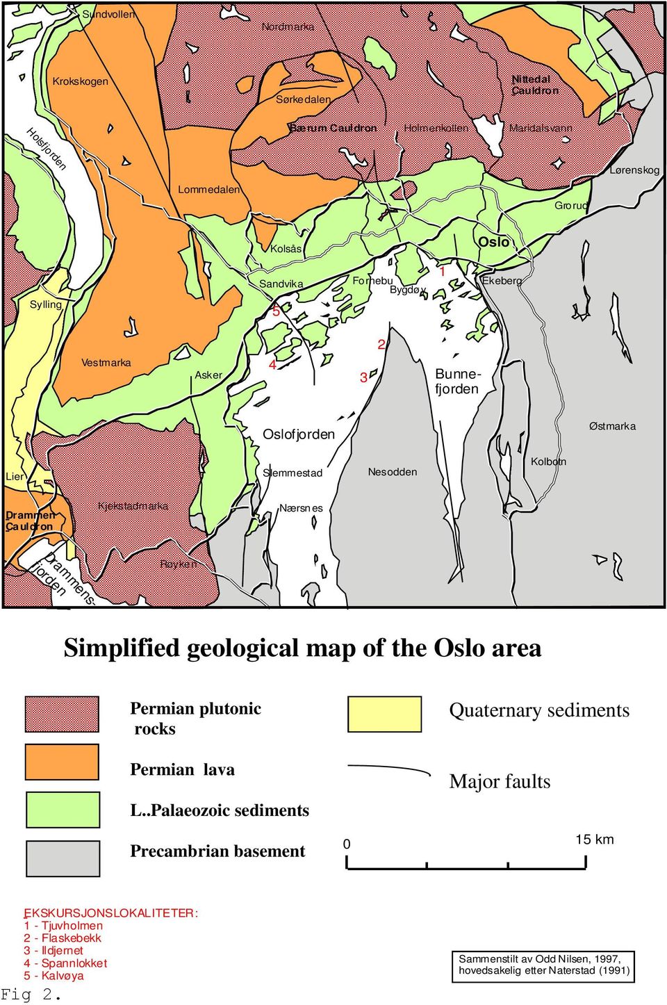 GEOLOGISK OVERSIKTSKART OVER OSLO-OMRÅDET Permian plutonic rocks Permiske plutonske bergarter Permiske vulkanitter Permian lava L.