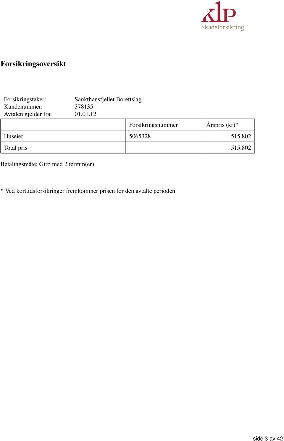 01.12 Forsikringsnummer Årspris (kr)* Huseier 5065328 515.802 Total pris 515.