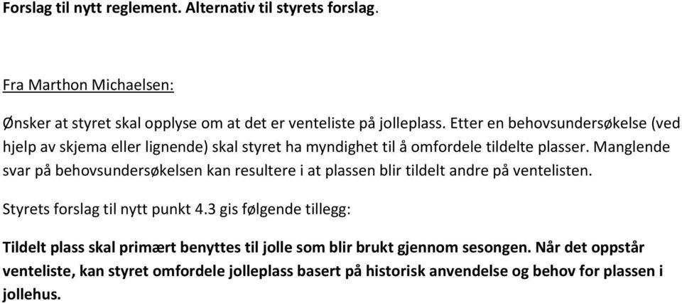 Manglende svar på behovsundersøkelsen kan resultere i at plassen blir tildelt andre på ventelisten. Styrets forslag til nytt punkt 4.