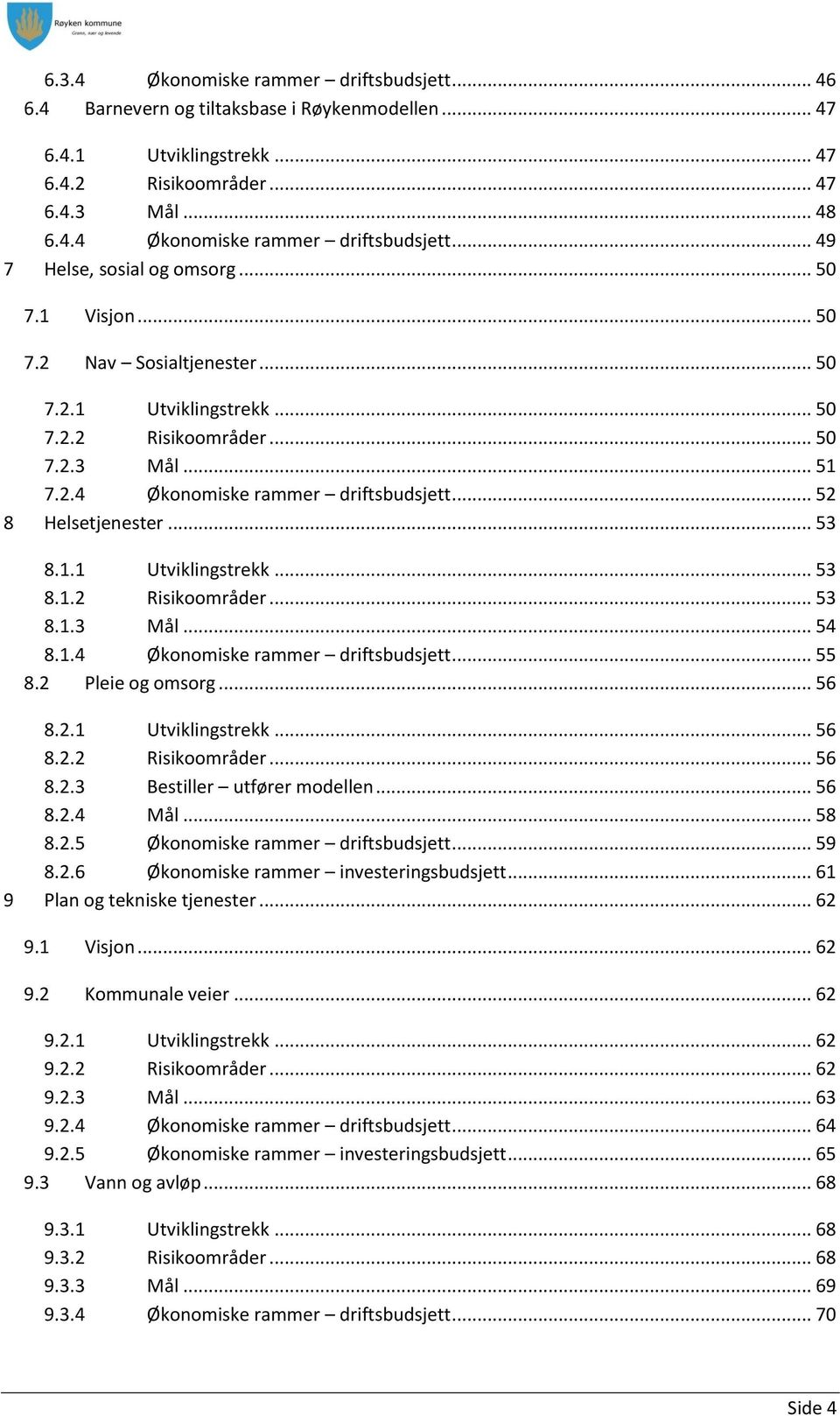 1.4 Økonomiske rammer driftsbudsjett... 55 8.2 Pleie og omsorg... 56 8.2.1 Utviklingstrekk... 56 8.2.2 Risikoområder... 56 8.2.3 Bestiller utfører modellen... 56 8.2.4 Mål... 58 8.2.5 Økonomiske rammer driftsbudsjett.