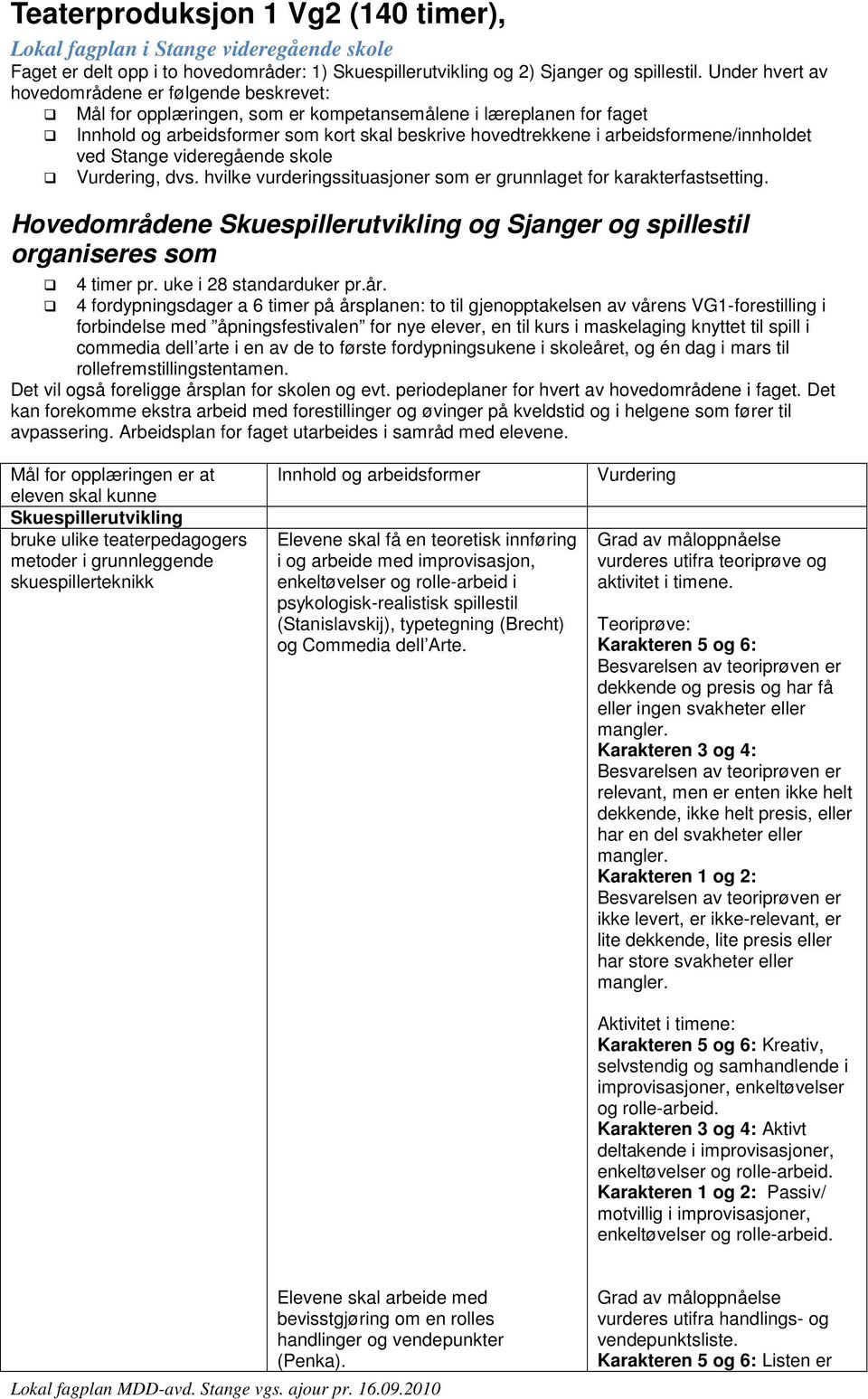 arbeidsformene/innholdet ved Stange videregående skole Vurdering, dvs. hvilke vurderingssituasjoner som er grunnlaget for karakterfastsetting.