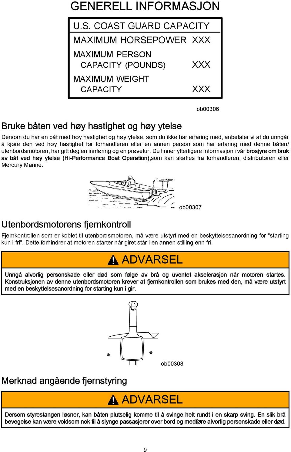 COAST GUARD CAPACITY MAXIMUM HORSEPOWER XXX MAXIMUM PERSON CAPACITY (POUNDS) MAXIMUM WEIGHT CAPACITY XXX XXX Bruke båten ved høy hastighet og høy ytelse ob00306 Dersom du har en båt med høy hastighet