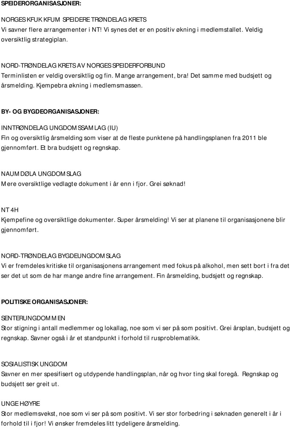 BY- OG BYGDEORGANISASJONER: INNTRØNDELAG UNGDOMSSAMLAG (IU) Fin og oversiktlig årsmelding som viser at de fleste punktene på handlingsplanen fra 2011 ble gjennomført. Et bra budsjett og regnskap.