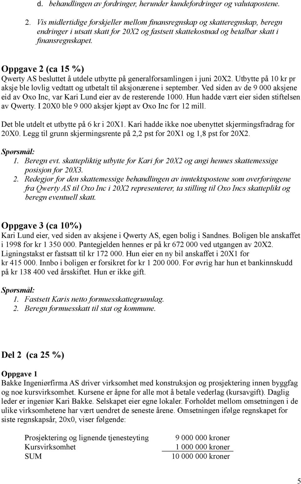 Oppgave 2 (ca 15 %) Qwerty AS besluttet å utdele utbytte på generalforsamlingen i juni 20X2. Utbytte på 10 kr pr aksje ble lovlig vedtatt og utbetalt til aksjonærene i september.