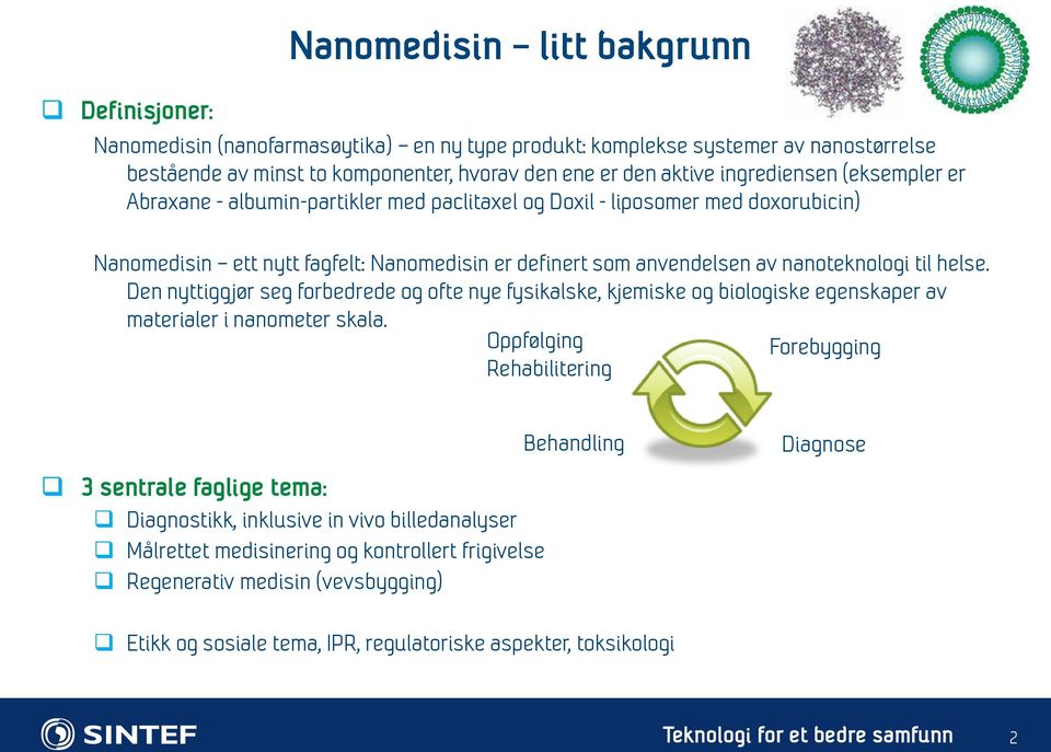 til helse. Den nyttiggjør seg forbedrede og ofte nye fysikalske, kjemiske og biologiske egenskaper av materialer i nanometer skala.