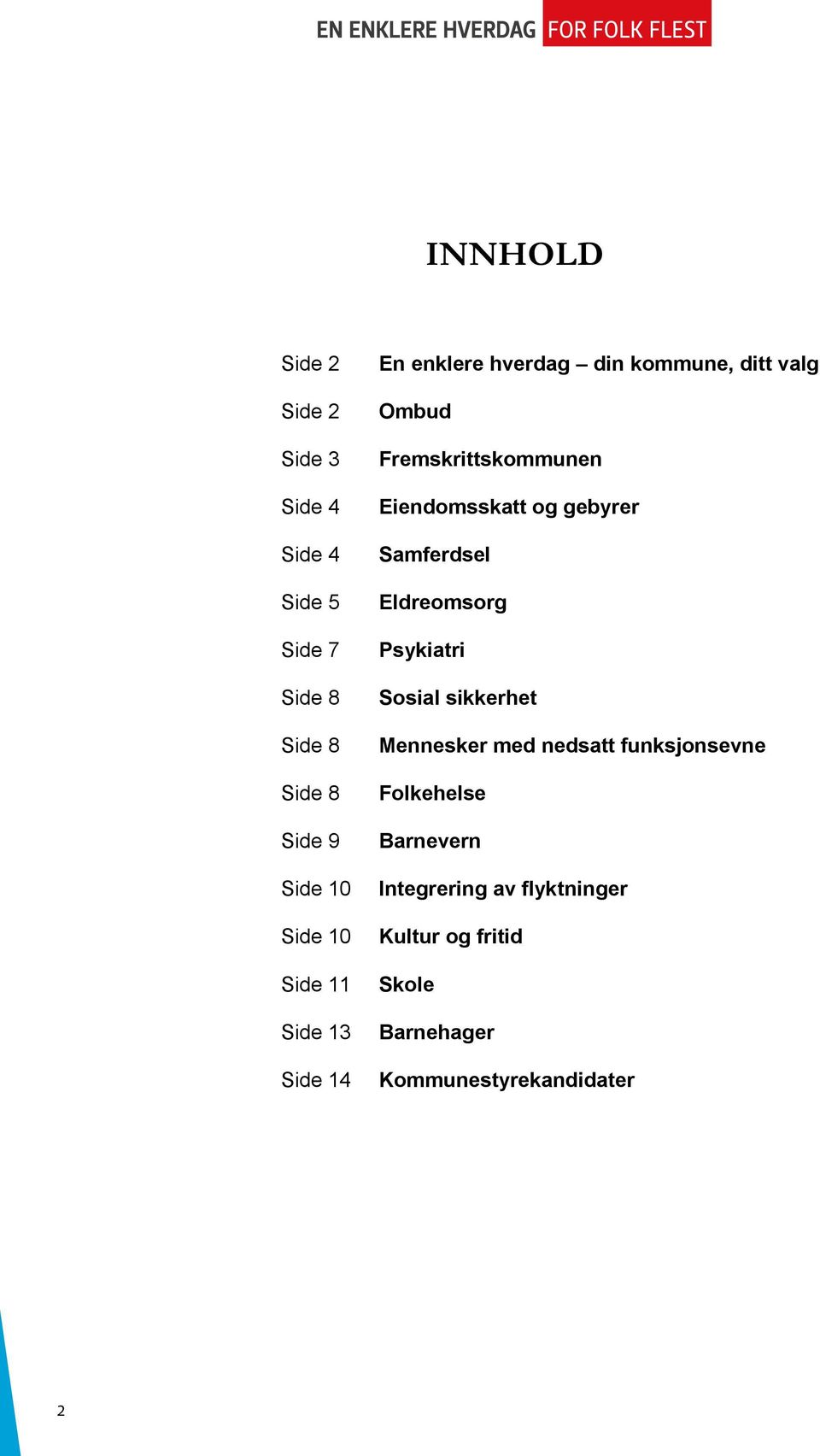 Eiendomsskatt og gebyrer Samferdsel Eldreomsorg Psykiatri Sosial sikkerhet Mennesker med nedsatt