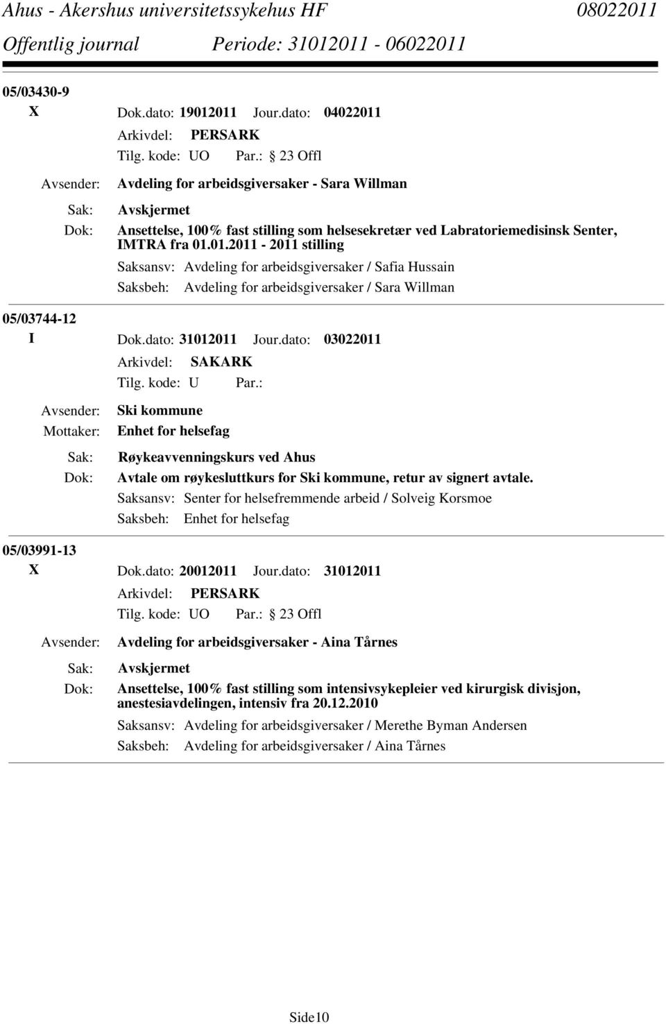 Saksansv: Senter for helsefremmende arbeid / Solveig Korsmoe Saksbeh: Enhet for helsefag 05/03991-13 X Dok.dato: 20012011 Jour.