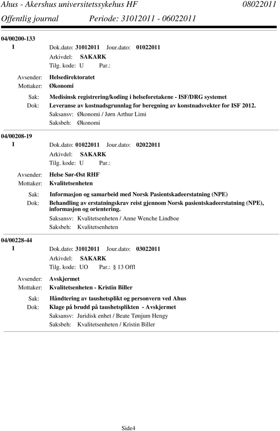 Saksansv: Økonomi / Jørn Arthur Limi Saksbeh: Økonomi 04/00208-19 I Dok.dato: 01022011 Jour.dato: 02022011 Tilg. kode: U Par.