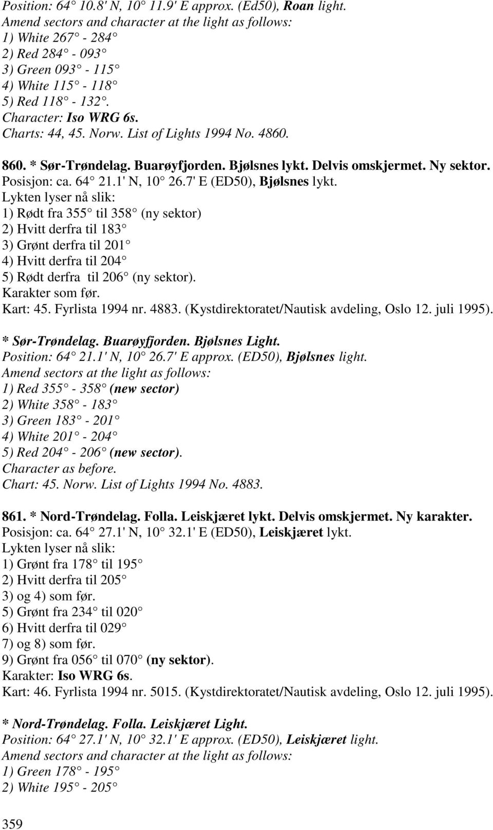 7' E (ED50), Bjølsnes lykt. Lykten lyser nå slik: 1) Rødt fra 355 til 358 (ny sektor) 2) Hvitt derfra til 183 3) Grønt derfra til 201 4) Hvitt derfra til 204 5) Rødt derfra til 206 (ny sektor).