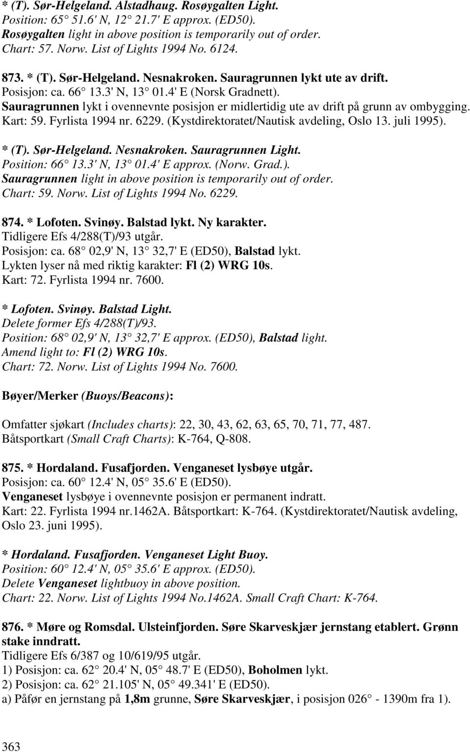 Sauragrunnen lykt i ovennevnte posisjon er midlertidig ute av drift på grunn av ombygging. Kart: 59. Fyrlista 1994 nr. 6229. (Kystdirektoratet/Nautisk avdeling, Oslo 13. juli 1995). * (T).