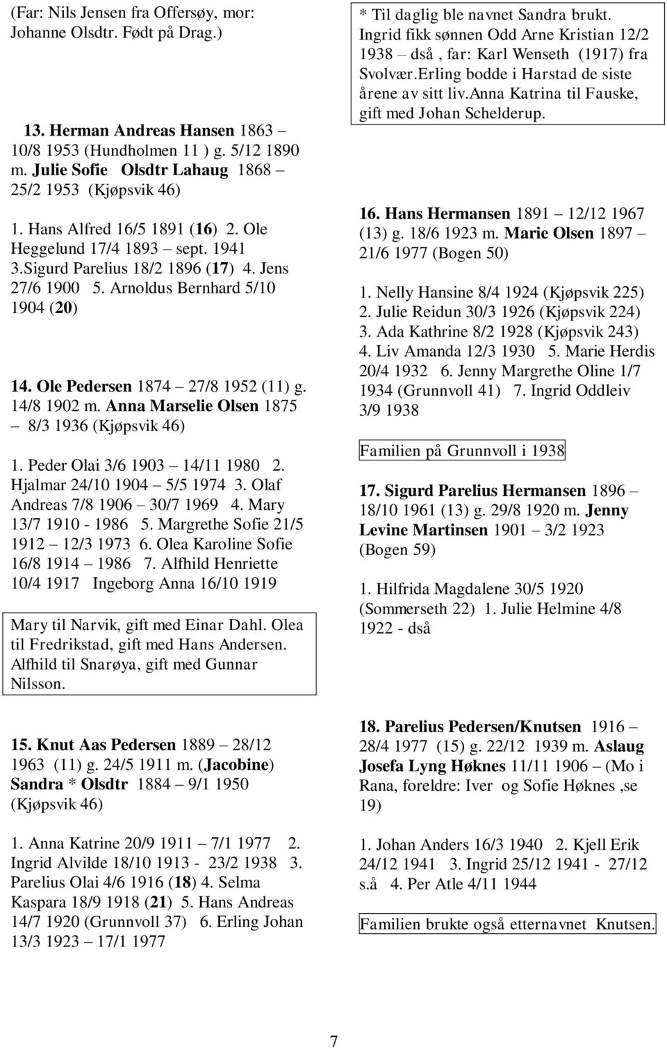 14/8 1902 m. Anna Marselie Olsen 1875 8/3 1936 (Kjøpsvik 46) 1. Peder Olai 3/6 1903 14/11 1980 2. Hjalmar 24/10 1904 5/5 1974 3. Olaf Andreas 7/8 1906 30/7 1969 4. Mary 13/7 1910-1986 5.