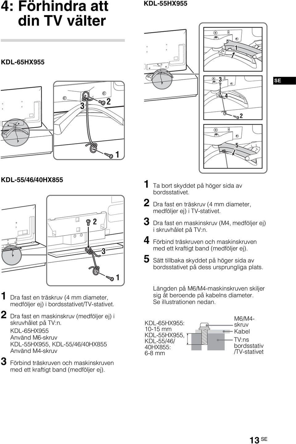 5 Sätt tillbaka skyddet på höger sida av bordsstativet på dess ursprungliga plats. 1 Dra fast en träskruv (4 mm diameter, medföljer ej) i bordsstativet/tv-stativet.