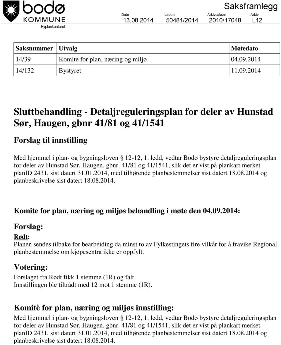 ledd, vedtar Bodø bystyre detaljreguleringsplan for deler av Hunstad Sør, Haugen, gbnr. 41/81 og 41/1541, slik det er vist på plankart merket planid 2431, sist datert 31.01.